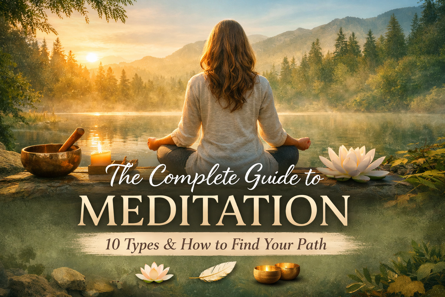 Woman meditating by a peaceful lake at sunrise surrounded by nature, representing different types of meditation and holistic healing