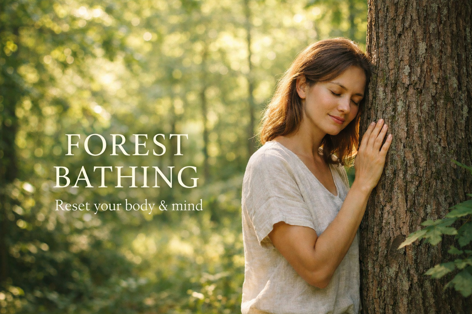 Woman practicing forest bathing (shinrin-yoku) by gently touching a tree in a sunlit forest, illustrating mindfulness in nature and stress relief